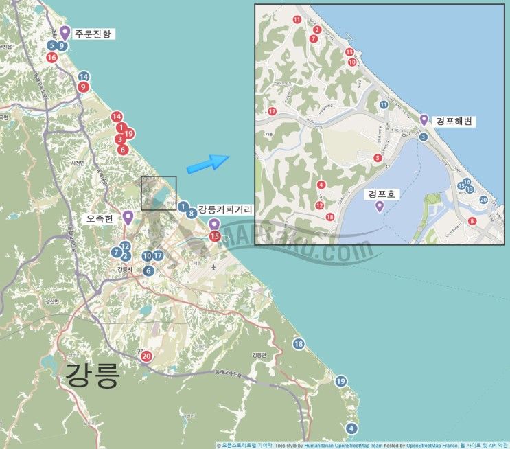 여행정보/숙소정보>강릉 호텔/리조트/독채/펜션/풀빌라 위치지도