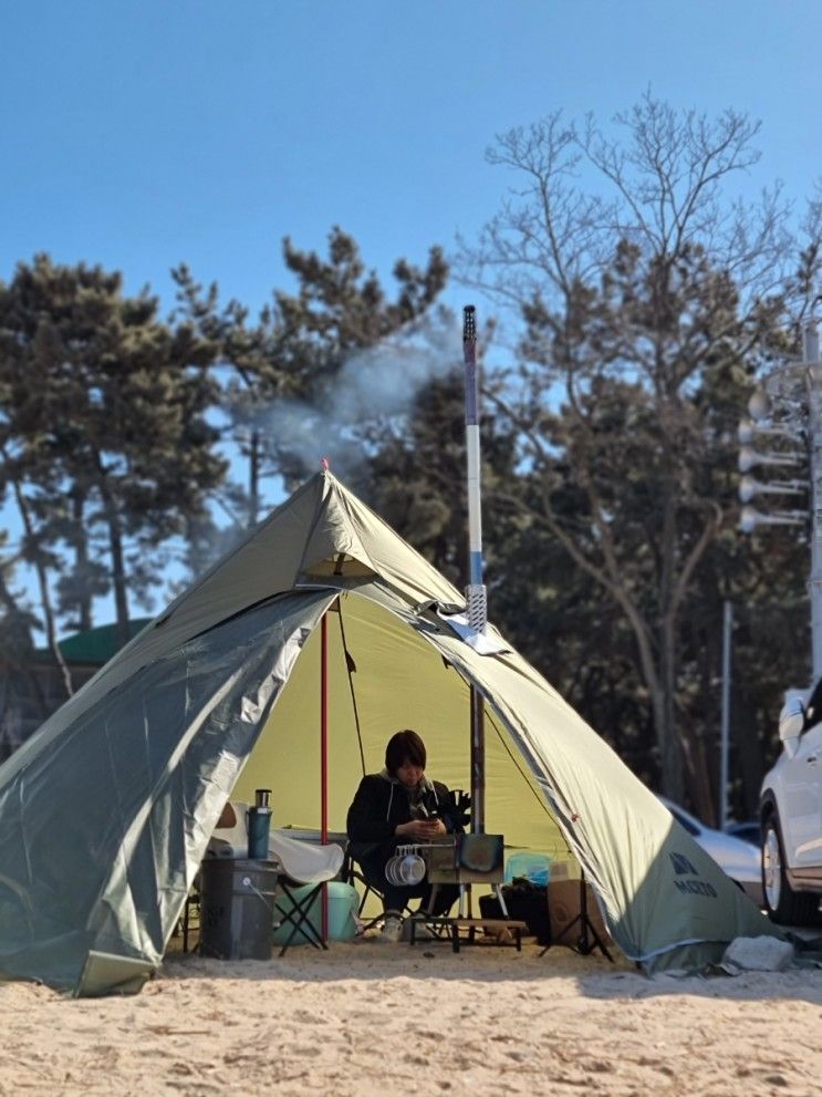 실미도 유원지 캠핑 알리 티피텐트 화목난로 조합 첫개시