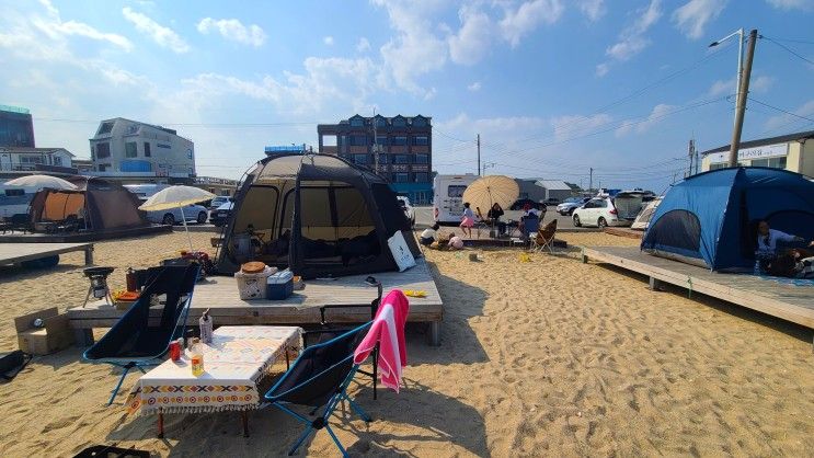 고성 천진해수욕장 캠핑장과 낚시가 특색있는 바다 맑은 모래해변