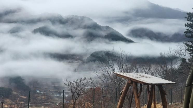 지리산 반디스테이 겨울비와 운무에 겨울 무지개